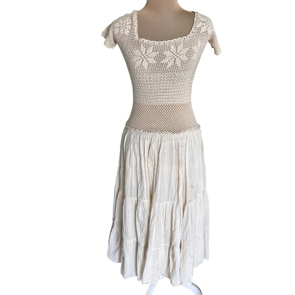 Carolina K Crochet Lace Cotton Gauze Ruffled Boho Maxi Dress Hippie Goddess